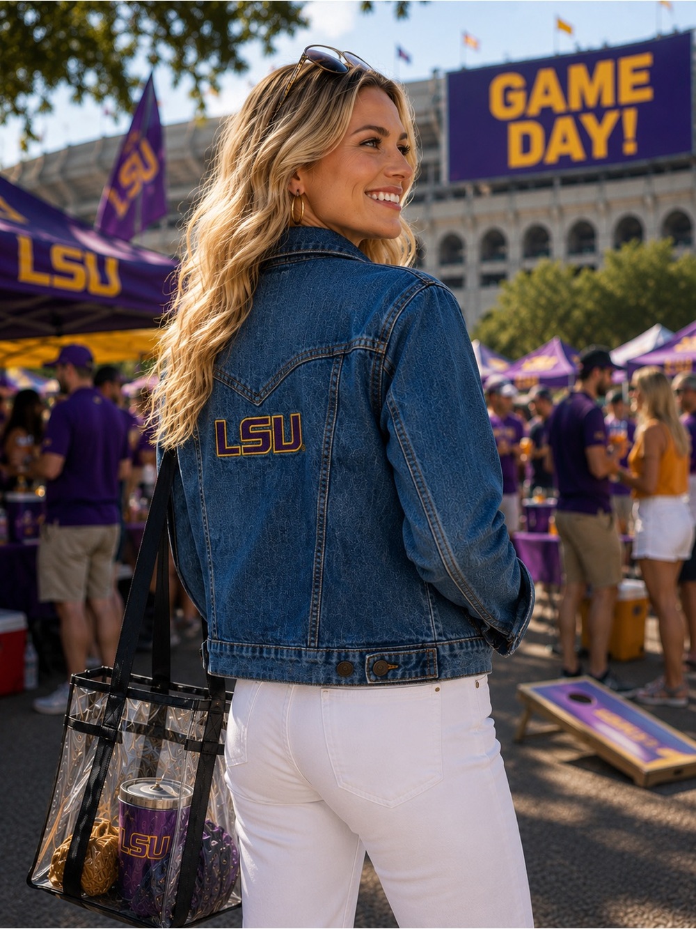 NWT Wrangler Retro x Colosseum LSU Denim Jacket Women's Large Embroidered